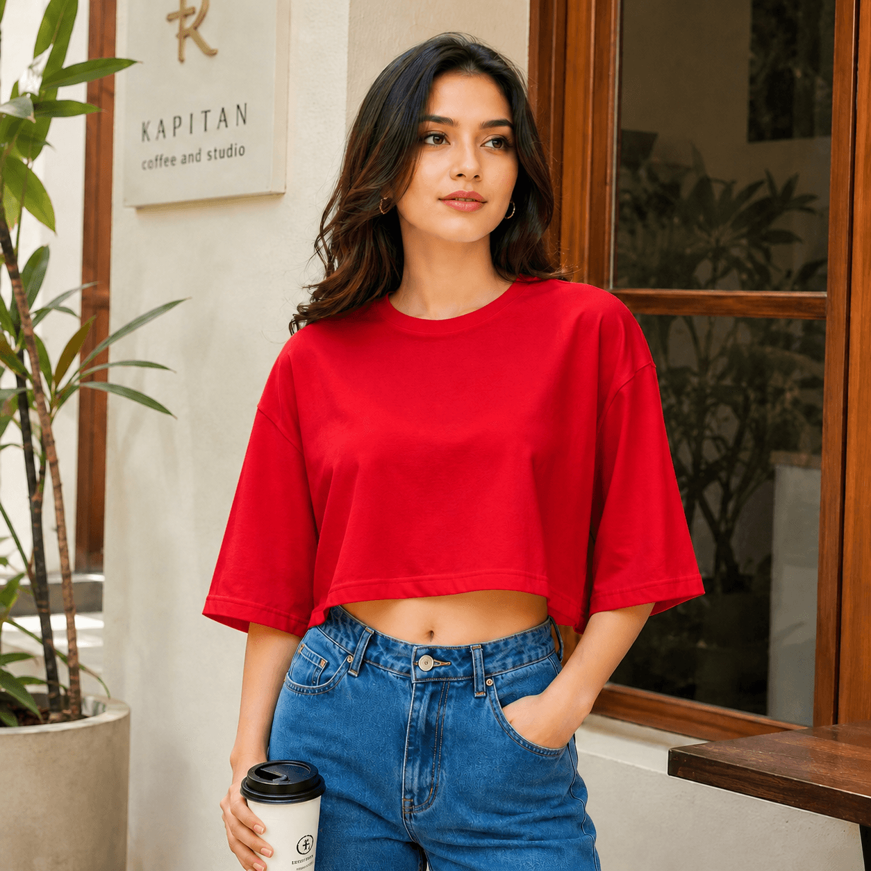 Women's Red & White Drop Shoulder Crop Top – Oversized Casual T-Shirt