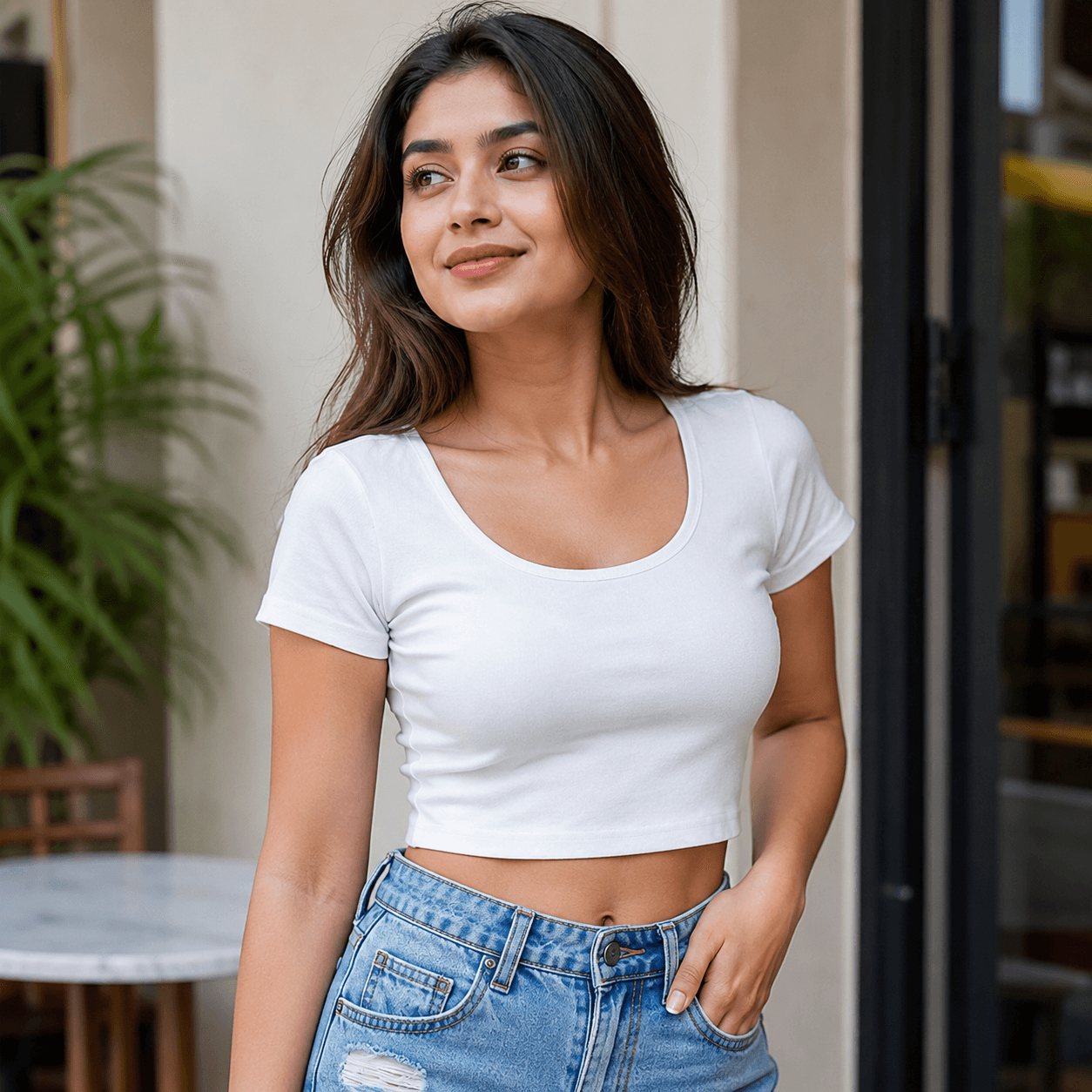 Half Sleeve Scoop Neck Crop Top