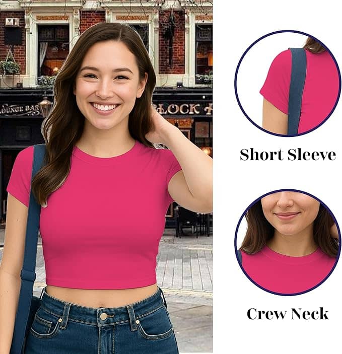 Women's Magenta Crew Neck Crop Top | Stylish Soft Stretch Tee