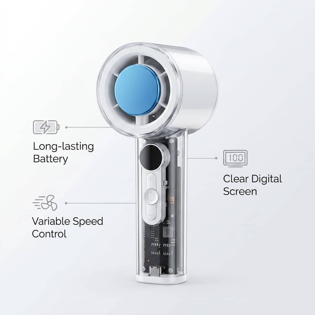 Mini rechargeable fan and Portable Handheld Turbo fan with LED Display, Cooling AC Fan X05 - 3000mAh Battery, Transparent