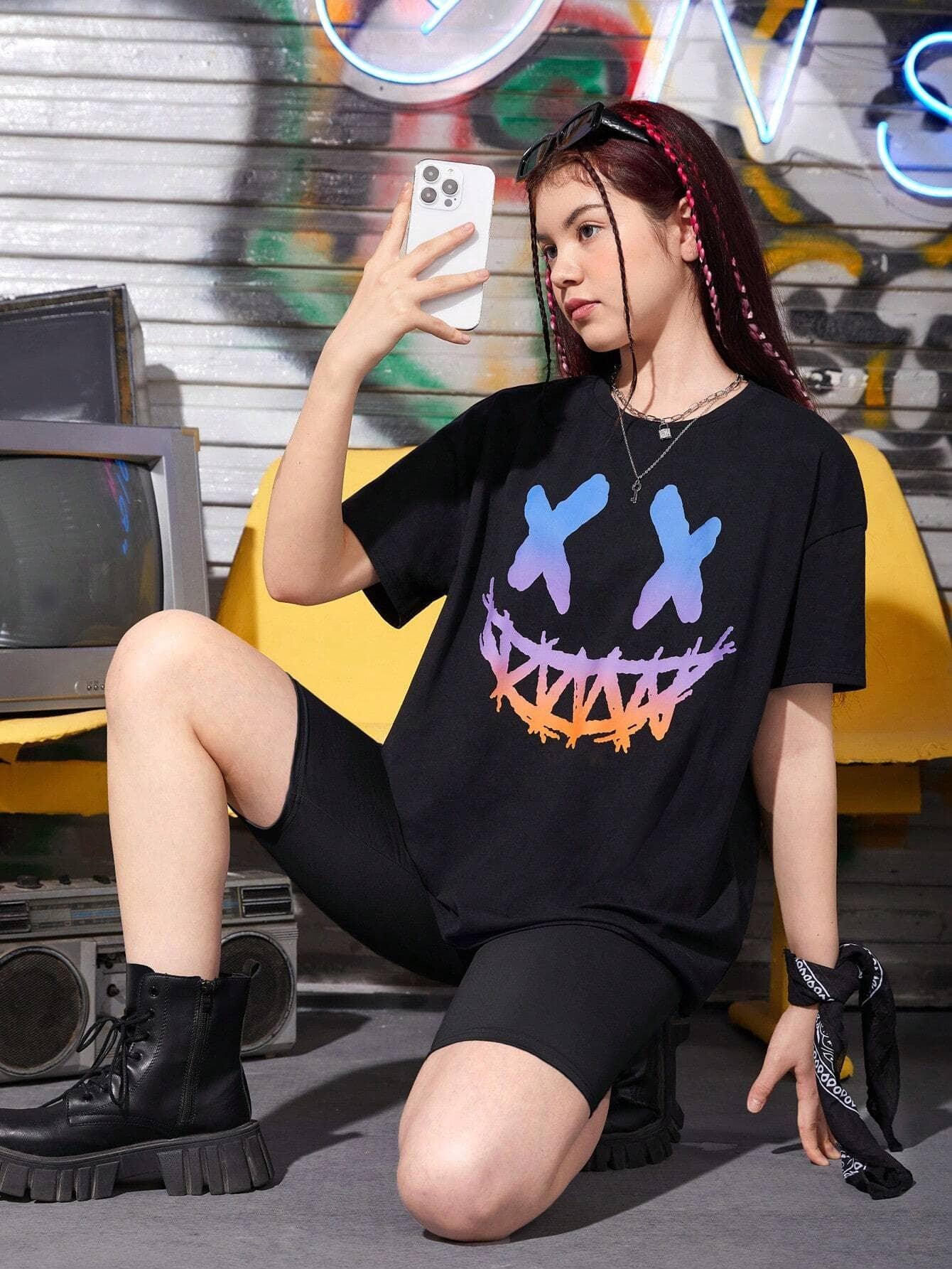 Women's Streetwear Oversized Drop Shoulder Printed T Shirt