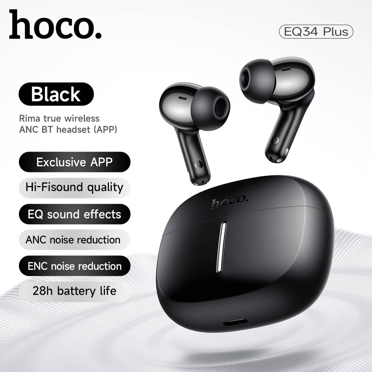 Hoco | EQ34 Plus Rima | True Wireless Earbuds (TWS) | ANC + ENC | Bluetooth 5.4 | 7h Playback (6h with ANC) | 300mAh Case, 40mAh Buds